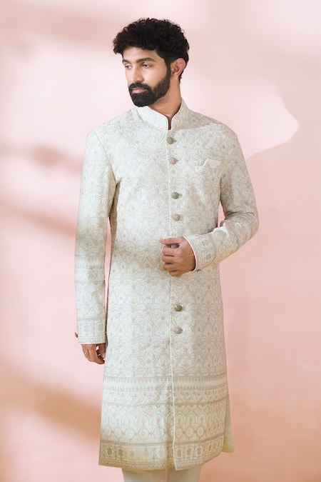 Buy_Arihant Rai Sinha_White Georgette, Polyester, Viscose Sequins, Embroidery, Sherwani And Pant 