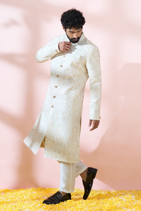 Shop_Arihant Rai Sinha_White Silk, Polyester, Viscose Embroidery, Sequins, Paisley Sherwani And Pant Set _Online_at_Aza_Fashions