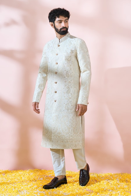 Buy_Arihant Rai Sinha_White Silk, Polyester, Viscose Embroidery, Sequins, Paisley Sherwani And Pant Set 