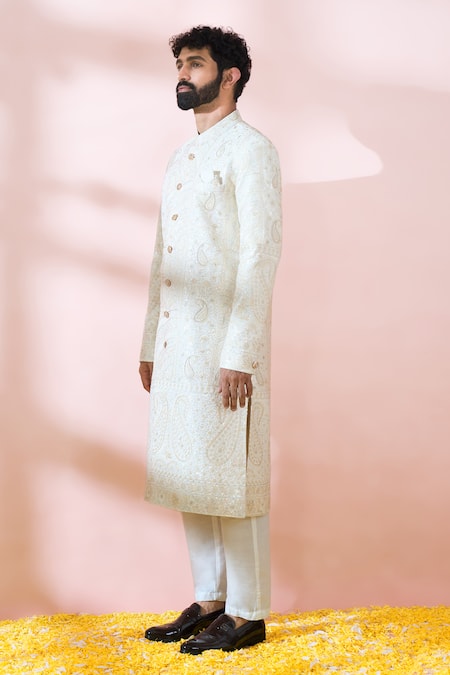 Shop_Arihant Rai Sinha_White Silk, Polyester, Viscose Embroidery, Sequins, Paisley Sherwani And Pant Set 