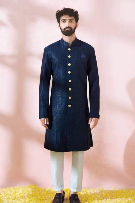 Arihant Rai Sinha_Blue Polyester, Viscose Geometric Pattern Sherwani And Pant Set _Online_at_Aza_Fashions