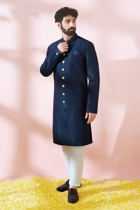 Buy_Arihant Rai Sinha_Blue Polyester, Viscose Geometric Pattern Sherwani And Pant Set _Online_at_Aza_Fashions