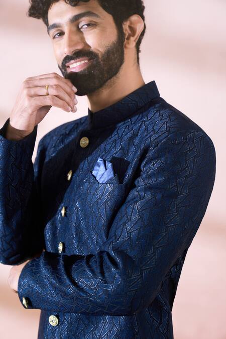 Shop_Arihant Rai Sinha_Blue Polyester, Viscose Geometric Pattern Sherwani And Pant Set _Online_at_Aza_Fashions