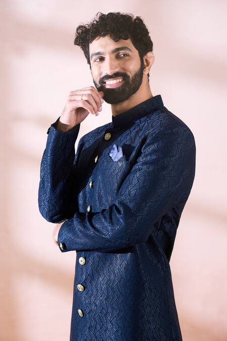 Arihant Rai Sinha_Blue Polyester, Viscose Geometric Pattern Sherwani And Pant Set _at_Aza_Fashions
