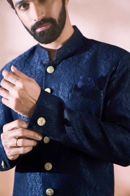 Buy_Arihant Rai Sinha_Blue Polyester, Viscose Geometric Pattern Sherwani And Pant Set 