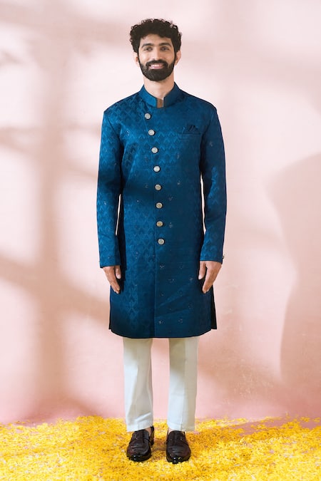 Arihant Rai Sinha_Blue Polyester, Viscose Geometric Pattern Sherwani And Pant Set _Online_at_Aza_Fashions