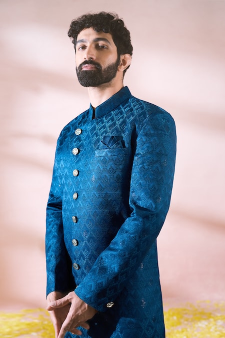 Buy_Arihant Rai Sinha_Blue Polyester, Viscose Geometric Pattern Sherwani And Pant Set 