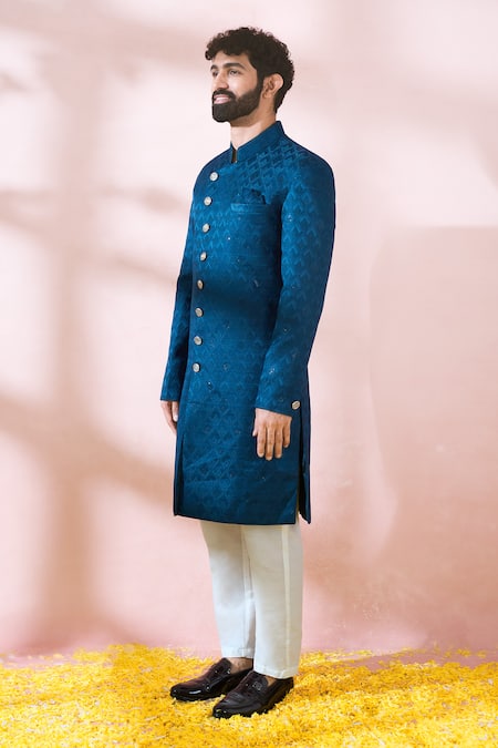 Shop_Arihant Rai Sinha_Blue Polyester, Viscose Geometric Pattern Sherwani And Pant Set 