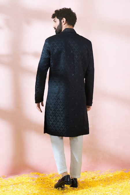 Arihant Rai Sinha_Black Polyester, Viscose Geometric Pattern Sherwani And Pant Set _Online_at_Aza_Fashions