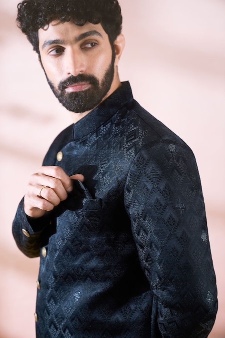Buy_Arihant Rai Sinha_Black Polyester, Viscose Geometric Pattern Sherwani And Pant Set _Online_at_Aza_Fashions