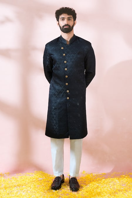 Shop_Arihant Rai Sinha_Black Polyester, Viscose Geometric Pattern Sherwani And Pant Set _Online_at_Aza_Fashions