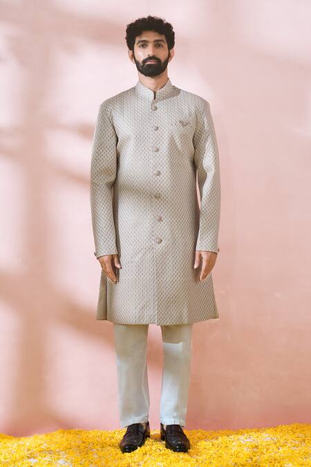 Arihant Rai Sinha Cream , Satin, Polyester, Viscose Geometric Pattern Sherwani And Pant Set Online at Aza Fashions Arihant Rai Sinha_Cream , Satin, Polyester, Viscose Geometric Pattern Sherwani And Pant Set _Online_at_Aza_Fashions