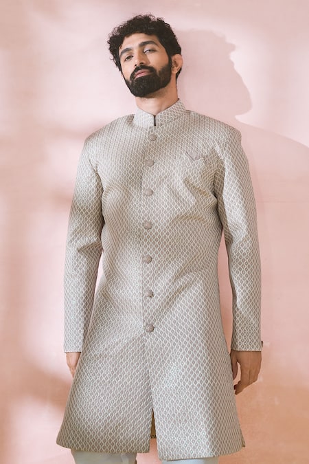 Shop Arihant Rai Sinha Cream , Satin, Polyester, Viscose Geometric Pattern Sherwani And Pant Set Online at Aza Fashions Shop_Arihant Rai Sinha_Cream , Satin, Polyester, Viscose Geometric Pattern Sherwani And Pant Set _Online_at_Aza_Fashions
