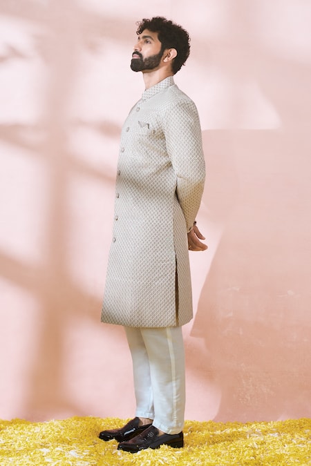Buy Arihant Rai Sinha Cream , Satin, Polyester, Viscose Geometric Pattern Sherwani And Pant Set Buy_Arihant Rai Sinha_Cream , Satin, Polyester, Viscose Geometric Pattern Sherwani And Pant Set