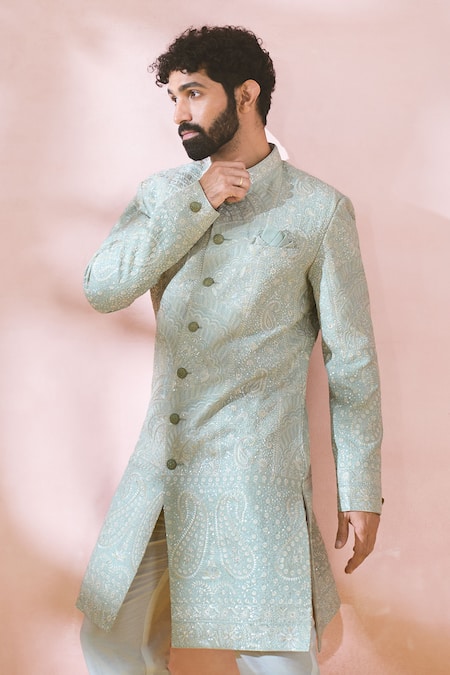 Arihant Rai Sinha Green Silk, Polyester, Viscose Embroidery, Sequins, Metallic Sherwani And Pant Online at Aza Fashions Arihant Rai Sinha_Green Silk, Polyester, Viscose Embroidery, Sequins, Metallic Sherwani And Pant _Online_at_Aza_Fashions