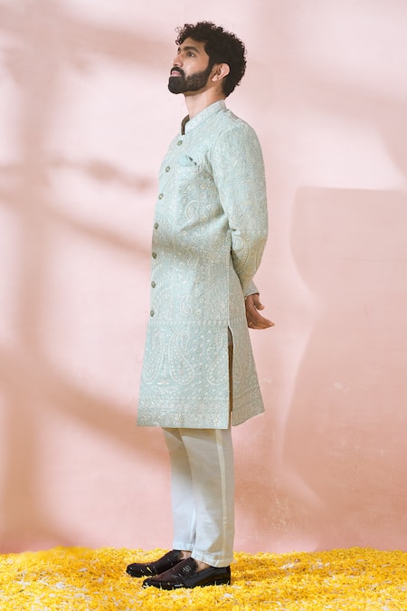 Arihant Rai Sinha Green Silk, Polyester, Viscose Embroidery, Sequins, Metallic Sherwani And Pant at Aza Fashions Arihant Rai Sinha_Green Silk, Polyester, Viscose Embroidery, Sequins, Metallic Sherwani And Pant _at_Aza_Fashions