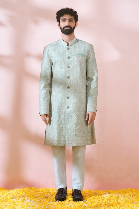 Buy Arihant Rai Sinha Green Silk, Polyester, Viscose Embroidery, Sequins, Metallic Sherwani And Pant Buy_Arihant Rai Sinha_Green Silk, Polyester, Viscose Embroidery, Sequins, Metallic Sherwani And Pant