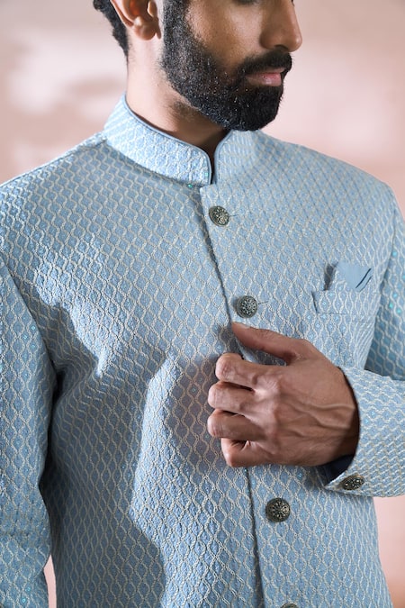 Arihant Rai Sinha Blue Silk, Polyester, Viscose Embroidery, Geometric Sherwani And Pant Set Online at Aza Fashions Arihant Rai Sinha_Blue Silk, Polyester, Viscose Embroidery, Geometric Sherwani And Pant Set _Online_at_Aza_Fashions