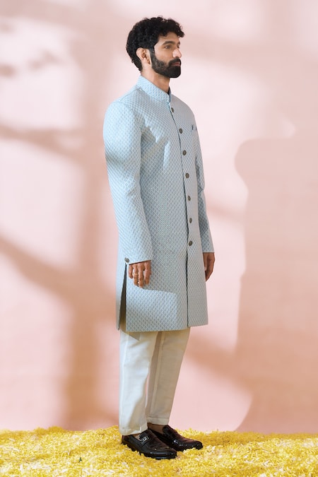 Arihant Rai Sinha Blue Silk, Polyester, Viscose Embroidery, Geometric Sherwani And Pant Set at Aza Fashions Arihant Rai Sinha_Blue Silk, Polyester, Viscose Embroidery, Geometric Sherwani And Pant Set _at_Aza_Fashions