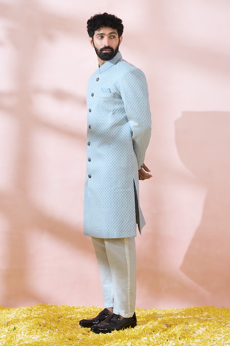 Shop Arihant Rai Sinha Blue Silk, Polyester, Viscose Embroidery, Geometric Sherwani And Pant Set Shop_Arihant Rai Sinha_Blue Silk, Polyester, Viscose Embroidery, Geometric Sherwani And Pant Set