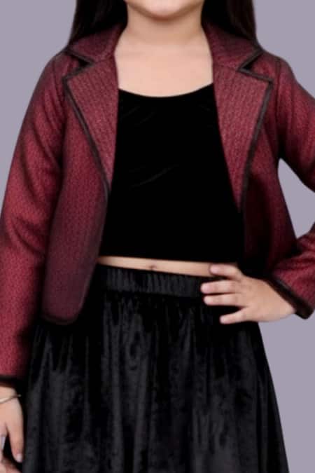 Shop_Lil Drama_Maroon Jacquard, Velvet Jacket And Skirt Set _Online_at_Aza_Fashions