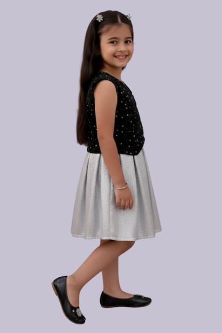 Lil Drama_Black Velvet, Jacquard Star Print Top And Skirt Set _Online_at_Aza_Fashions