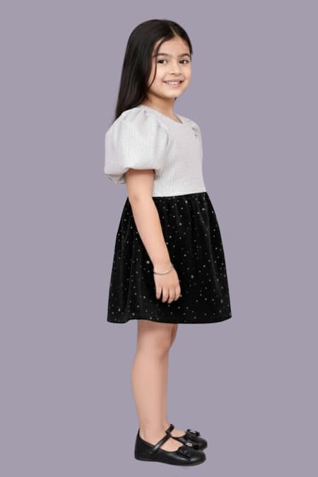 Lil Drama_White Jacquard, Velvet Foil Printing Top And Star Skirt Set _Online_at_Aza_Fashions
