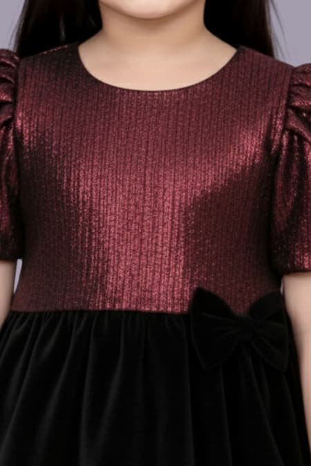 Shop Lil Drama Maroon Jacquard, Velvet Bows Puff Sleeve Top And Skirt Set Online at Aza Fashions Shop_Lil Drama_Maroon Jacquard, Velvet Bows Puff Sleeve Top And Skirt Set _Online_at_Aza_Fashions