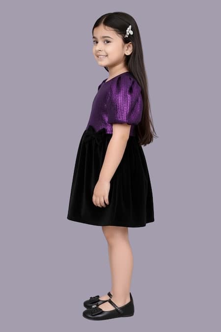 Lil Drama_Purple Jacquard, Velvet Puff Sleeve Top And Skirt Set _Online_at_Aza_Fashions