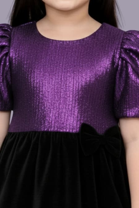 Shop_Lil Drama_Purple Jacquard, Velvet Puff Sleeve Top And Skirt Set _Online_at_Aza_Fashions
