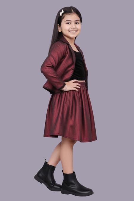 Lil Drama Maroon Jacquard Woven Jacket And Skirt Set Online at Aza Fashions Lil Drama_Maroon Jacquard Woven Jacket And Skirt Set _Online_at_Aza_Fashions