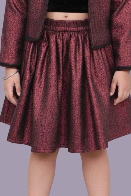 Lil Drama Maroon Jacquard Woven Jacket And Skirt Set at Aza Fashions Lil Drama_Maroon Jacquard Woven Jacket And Skirt Set _at_Aza_Fashions
