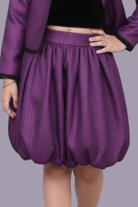 Shop Lil Drama Purple Jacquard Woven Jacket And Bubble Skirt Set Online at Aza Fashions Shop_Lil Drama_Purple Jacquard Woven Jacket And Bubble Skirt Set _Online_at_Aza_Fashions