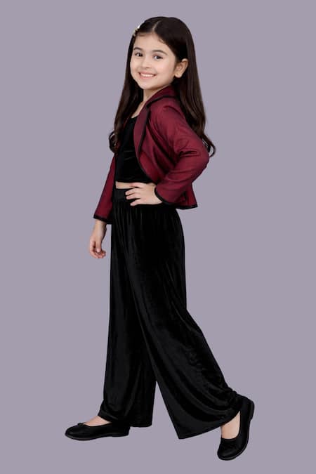 Lil Drama_Maroon Jacquard, Velvet Jacket And Pant Set _Online_at_Aza_Fashions