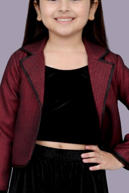 Shop_Lil Drama_Maroon Jacquard, Velvet Jacket And Pant Set _Online_at_Aza_Fashions
