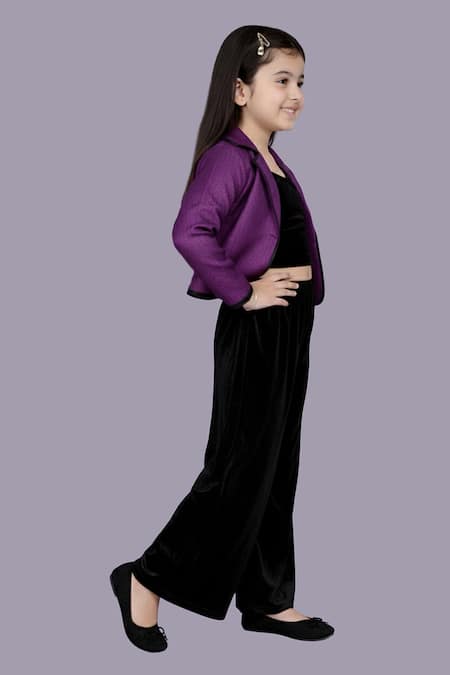 Lil Drama_Purple Jacquard, Velvet Jacket And Pant Set _Online_at_Aza_Fashions