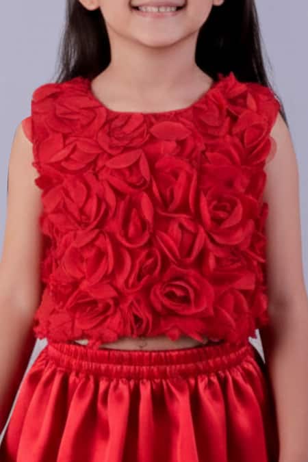 Buy_Lil Drama_Red Georgette, Satin, Polyester Fabric Floral Applique Top And Bubble Skirt Set _Online_at_Aza_Fashions