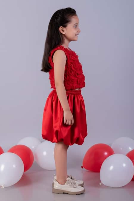 Shop_Lil Drama_Red Georgette, Satin, Polyester Fabric Floral Applique Top And Bubble Skirt Set _Online_at_Aza_Fashions