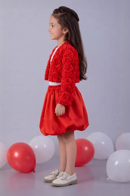 Buy_Lil Drama_Red Georgette, Polyester, Satin Fabric Floral Applique Jacket And Bubble Skirt Set _Online_at_Aza_Fashions