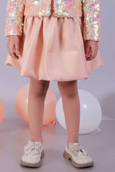 Lil Drama_Peach Net, Satin Sequins Jacket And Gathered Skirt Set _Online_at_Aza_Fashions