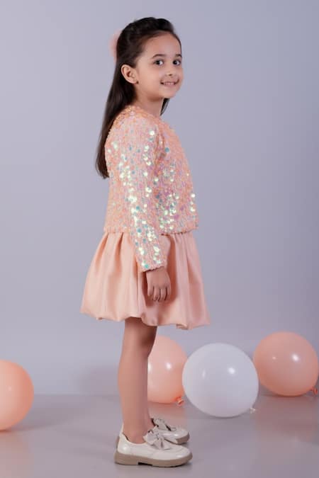 Buy_Lil Drama_Peach Net, Satin Sequins Jacket And Gathered Skirt Set _Online_at_Aza_Fashions