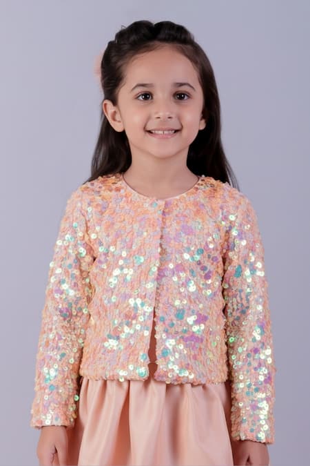 Shop_Lil Drama_Peach Net, Satin Sequins Jacket And Gathered Skirt Set _Online_at_Aza_Fashions