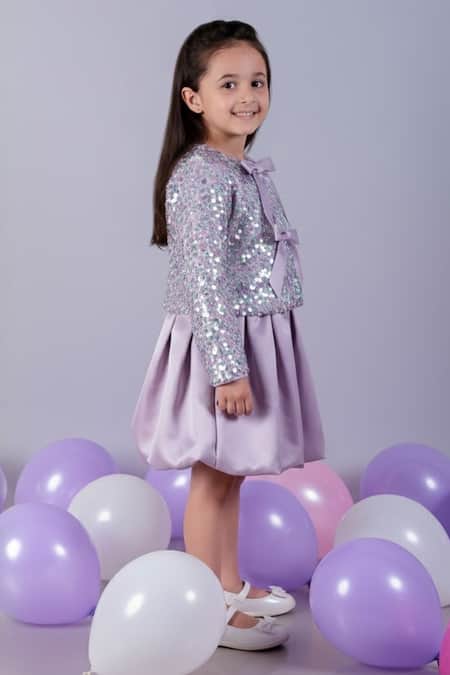 Lil Drama_Purple Net, Satin Sequins, Bows Embellished Jacket And Skirt Set _Online_at_Aza_Fashions