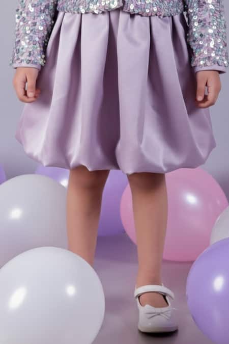 Buy_Lil Drama_Purple Net, Satin Sequins, Bows Embellished Jacket And Skirt Set _Online_at_Aza_Fashions
