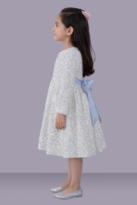 Lil Drama_White Satin, Velvet Sequins, Bows Embroidered Dress _Online_at_Aza_Fashions