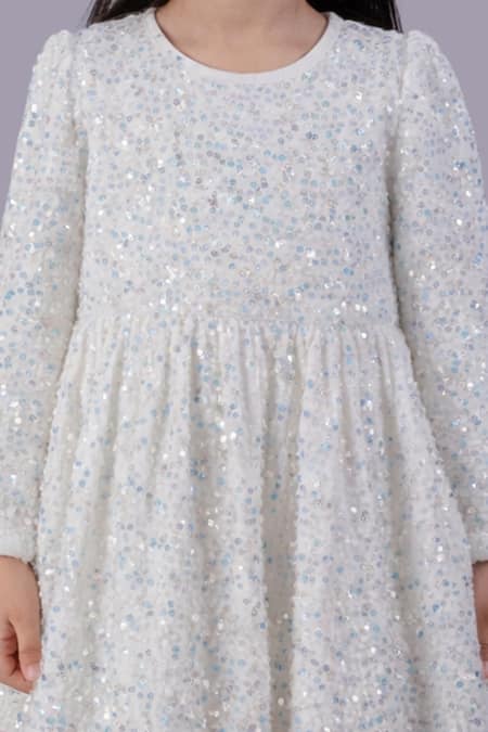 Buy_Lil Drama_White Satin, Velvet Sequins, Bows Embroidered Dress _Online_at_Aza_Fashions