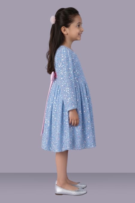Lil Drama_Blue Satin, Velvet Sequins, Bows Full Sleeve Dress _Online_at_Aza_Fashions