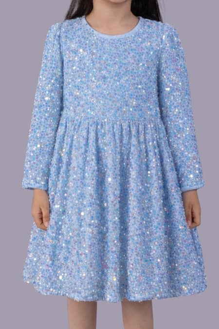 Buy_Lil Drama_Blue Satin, Velvet Sequins, Bows Full Sleeve Dress _Online_at_Aza_Fashions