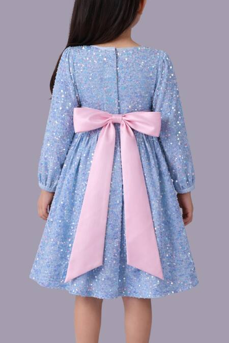 Shop_Lil Drama_Blue Satin, Velvet Sequins, Bows Full Sleeve Dress _Online_at_Aza_Fashions