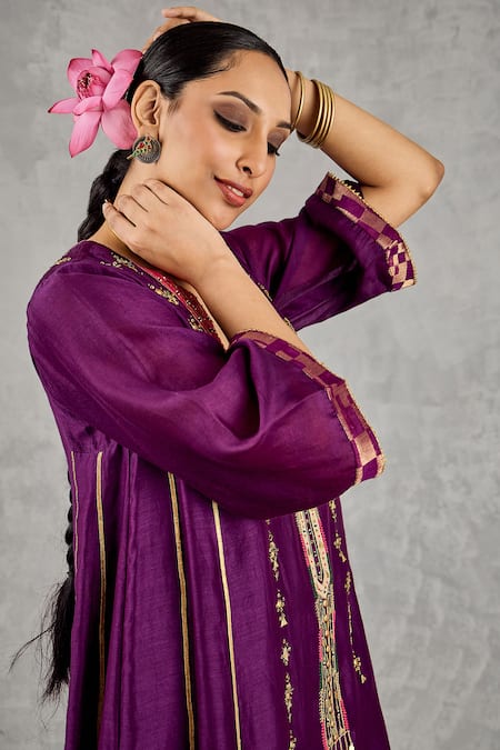 Shivani Bhargava_Purple Chanderi, Tissue Embroidery, Zari Split V-neck Kurta And Pant Set _Online_at_Aza_Fashions